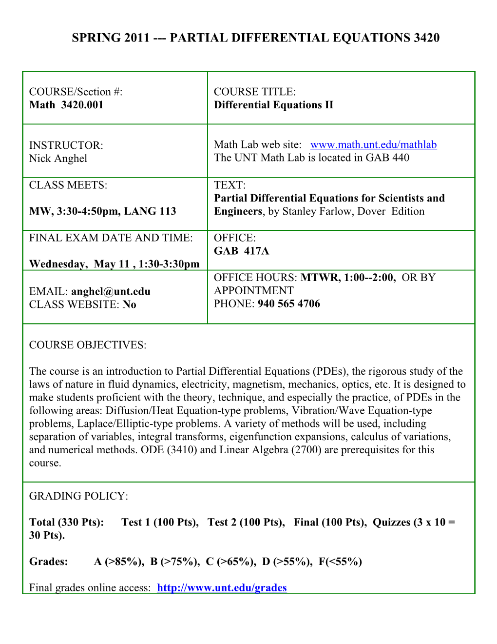 Spring 2011 Partial Differential Equations 3420