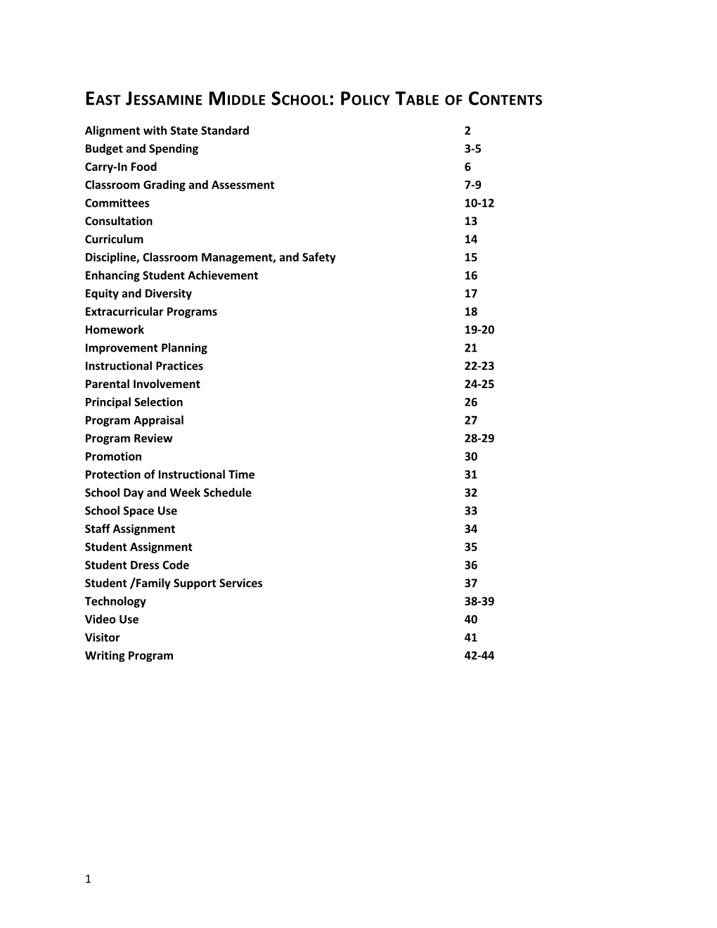 East Jessamine Middle School: Policy Table of Contents