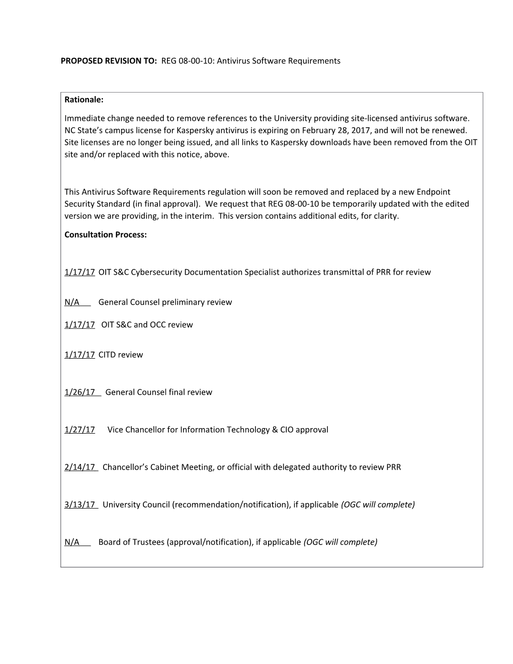 PROPOSED REVISION TO: REG 08-00-10: Antivirus Software Requirements