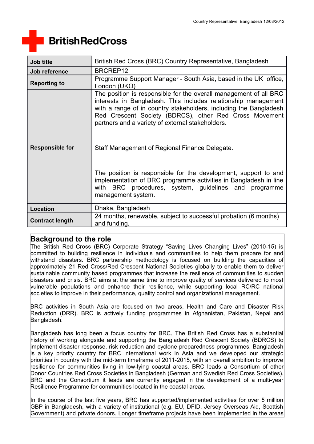 British Red Cross (BRC) Country Representative, Bangladesh