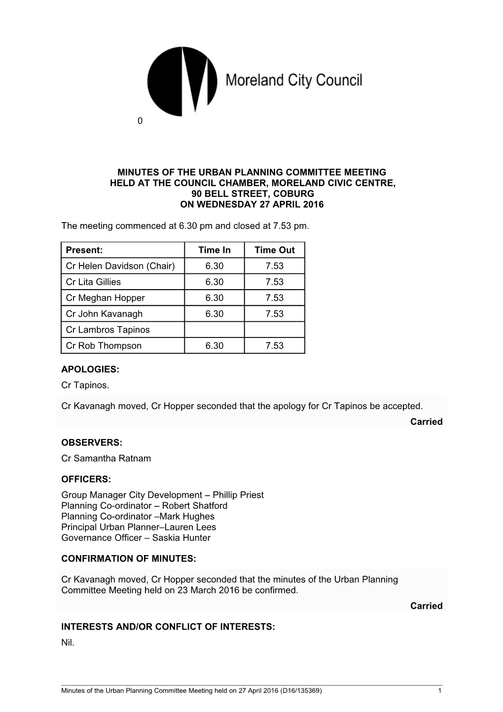 Minutes of Urban Planning Committee Meeting - 27 April 2016