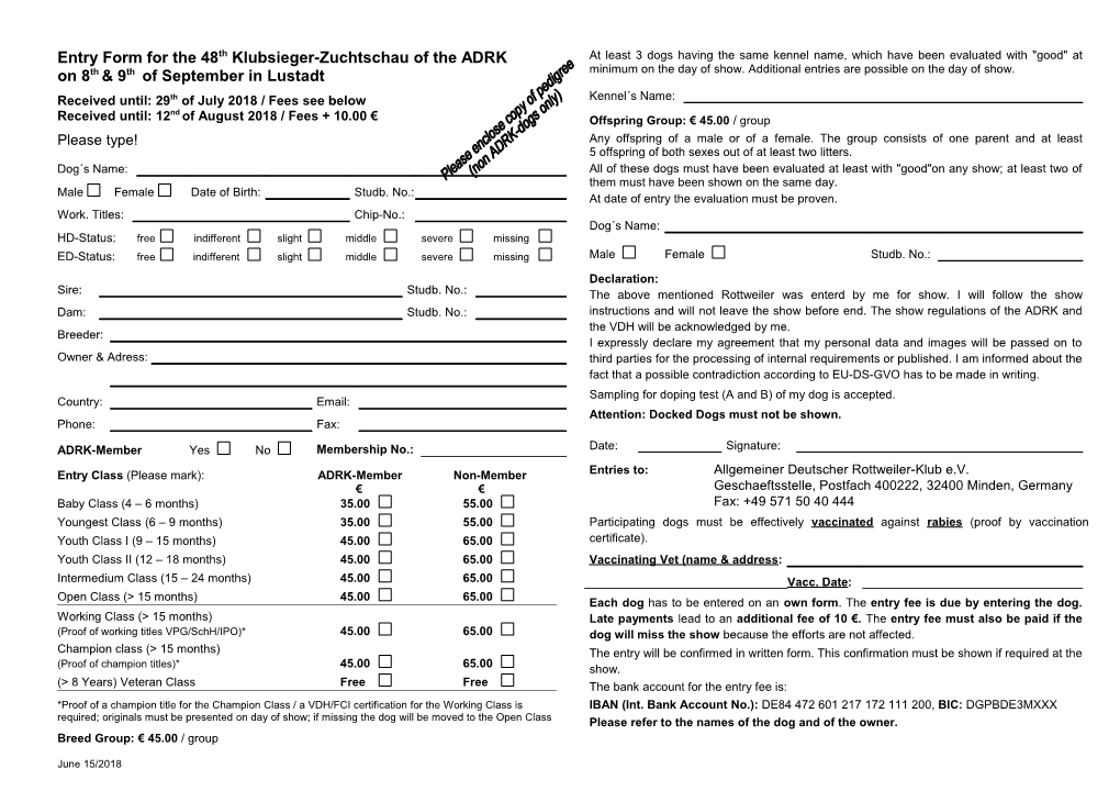 Entry Form for the 48Th Klubsieger-Zuchtschau of the ADRK
