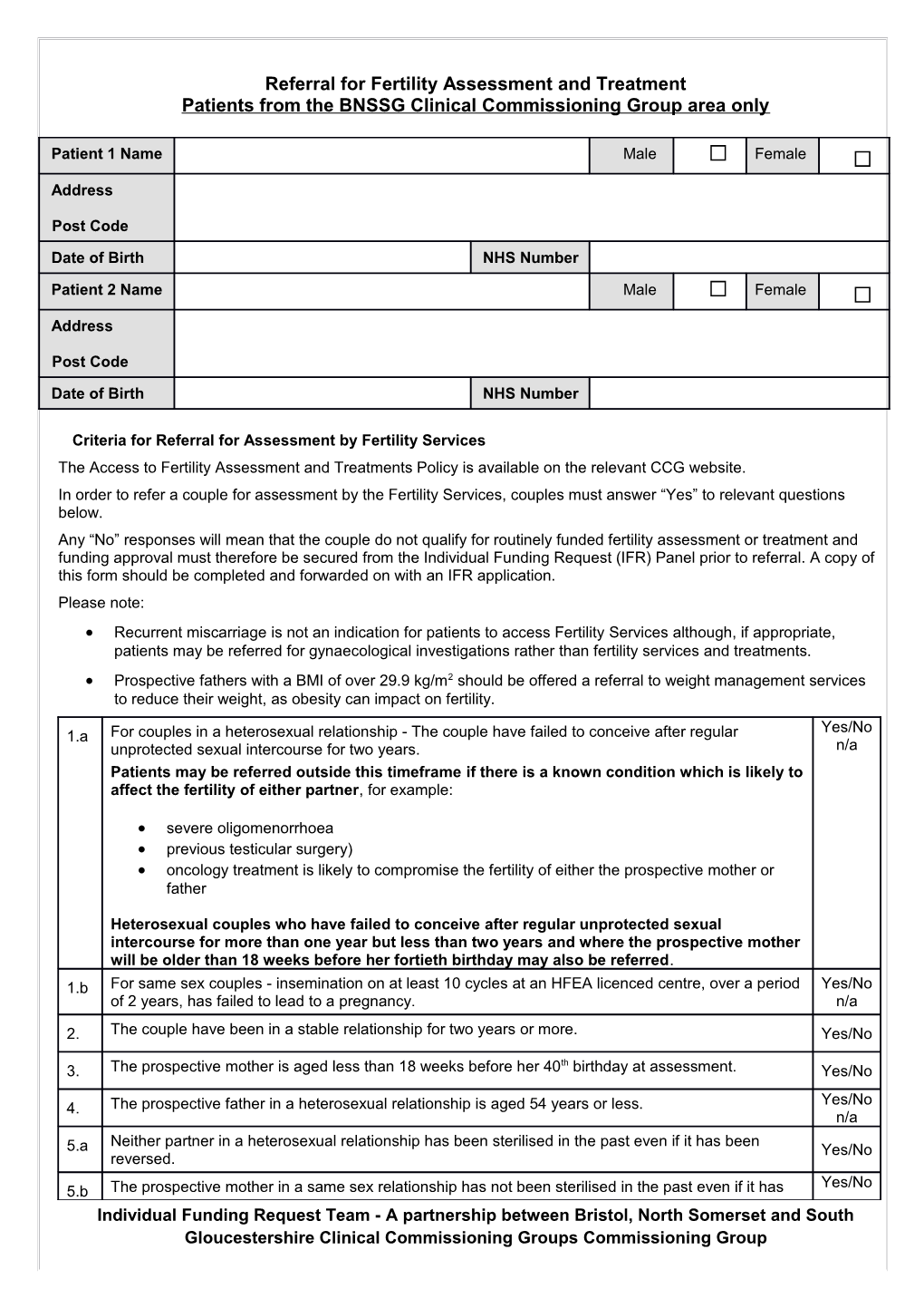 Referral Criteria for Referral for Assessment for Infertility