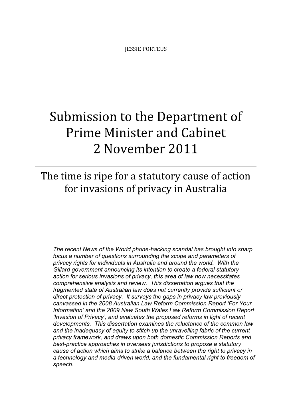 Submission to the Department of Prime Minister and Cabinet 2 November 2011