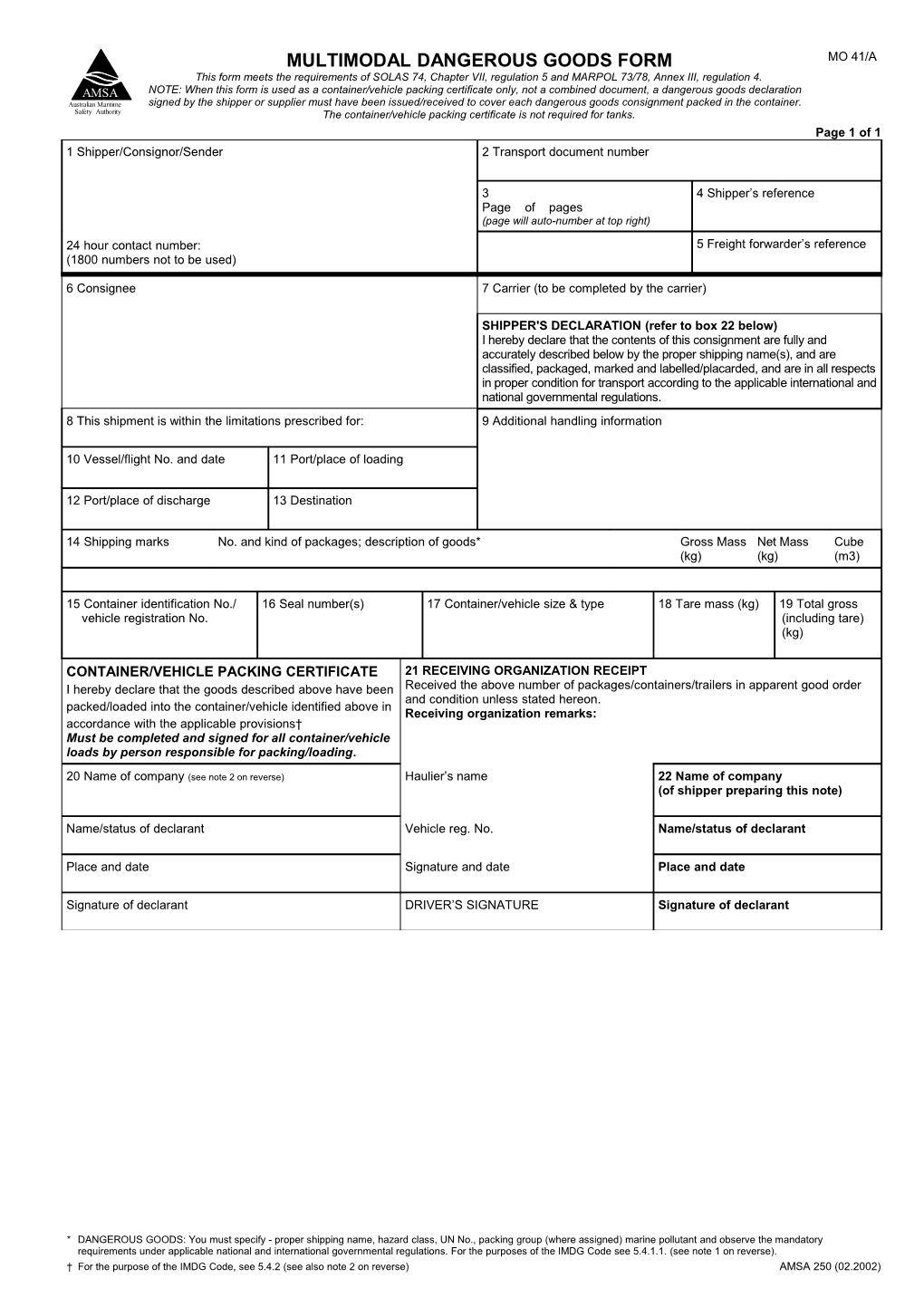 AMSA250 Multimodal Dangerous Goods Form