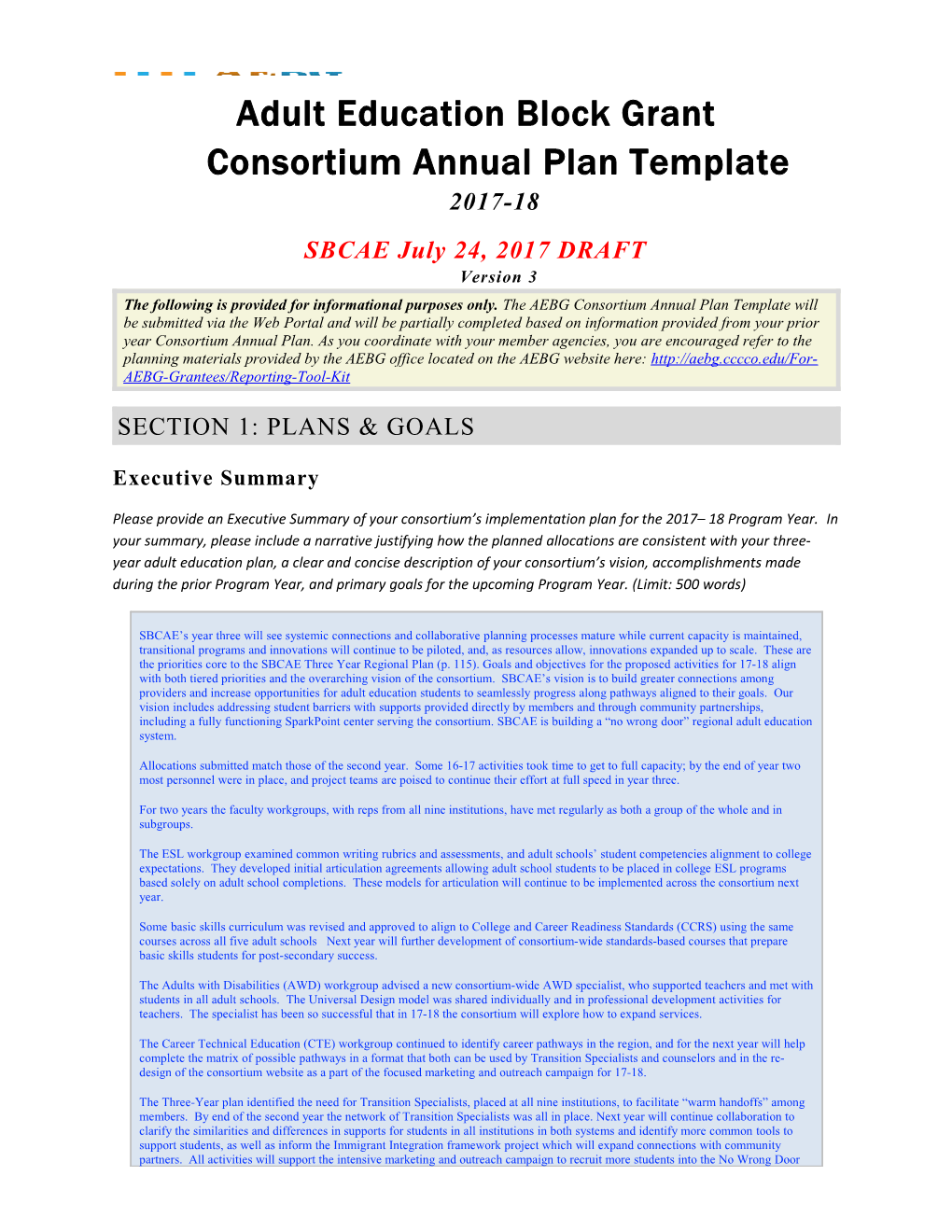 Adult Education Block Grantconsortium Annual Plan Template2017-18