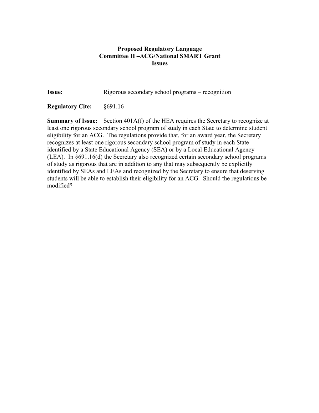 2006-07 Negotiated Rulemaking for Higher Education - ACG/National Smart Grants Issues Paper