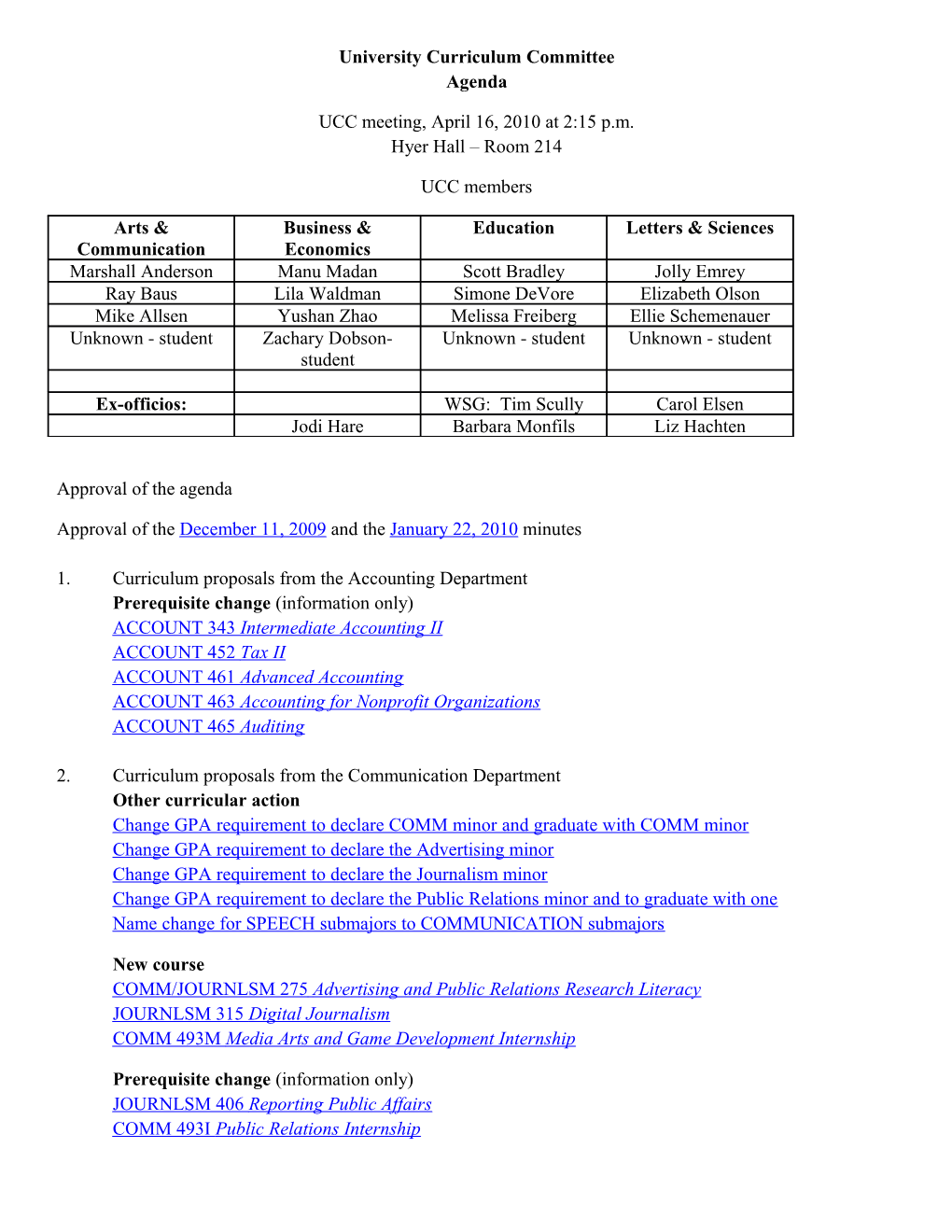 University Curriculum Committee Agenda