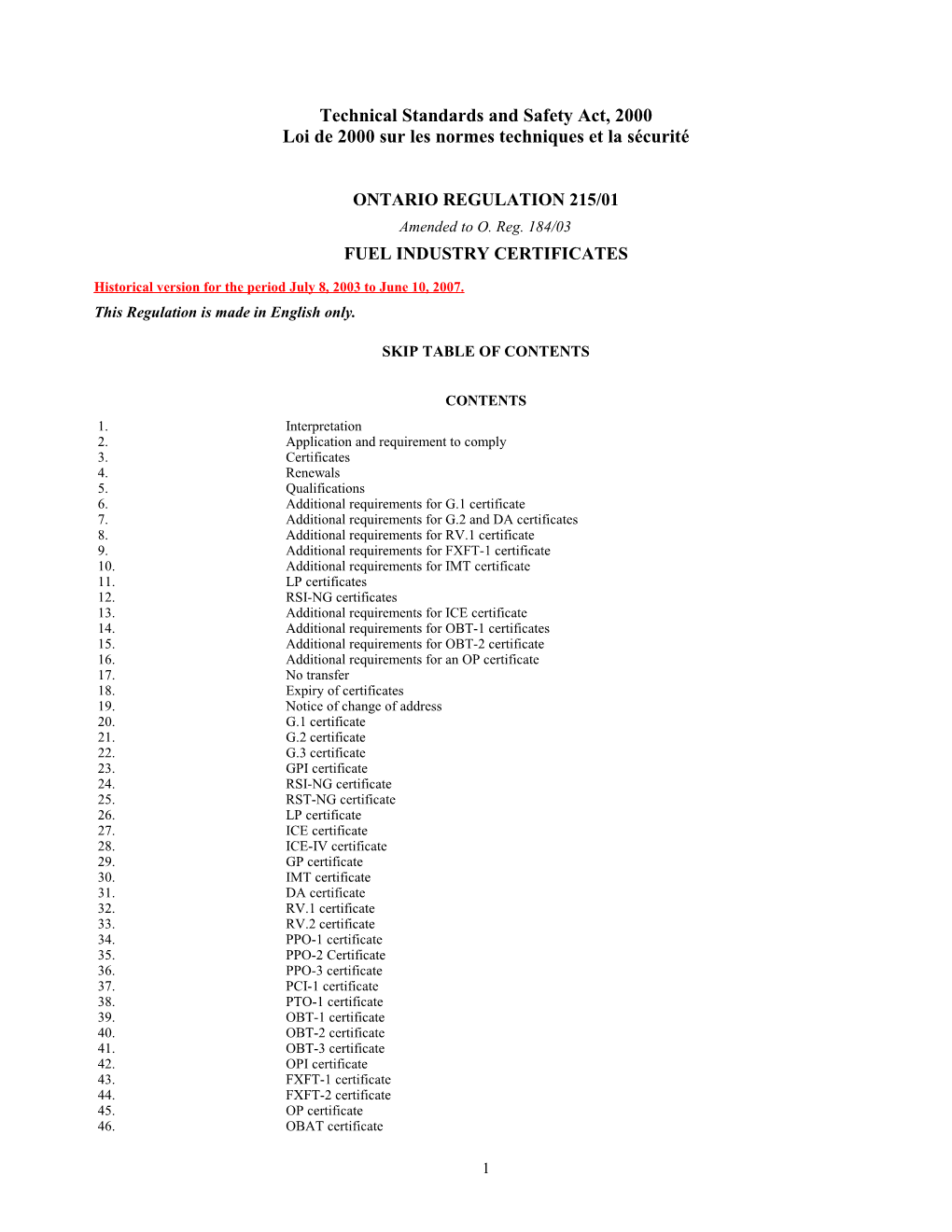 Technical Standards and Safety Act, 2000 - O. Reg. 215/01