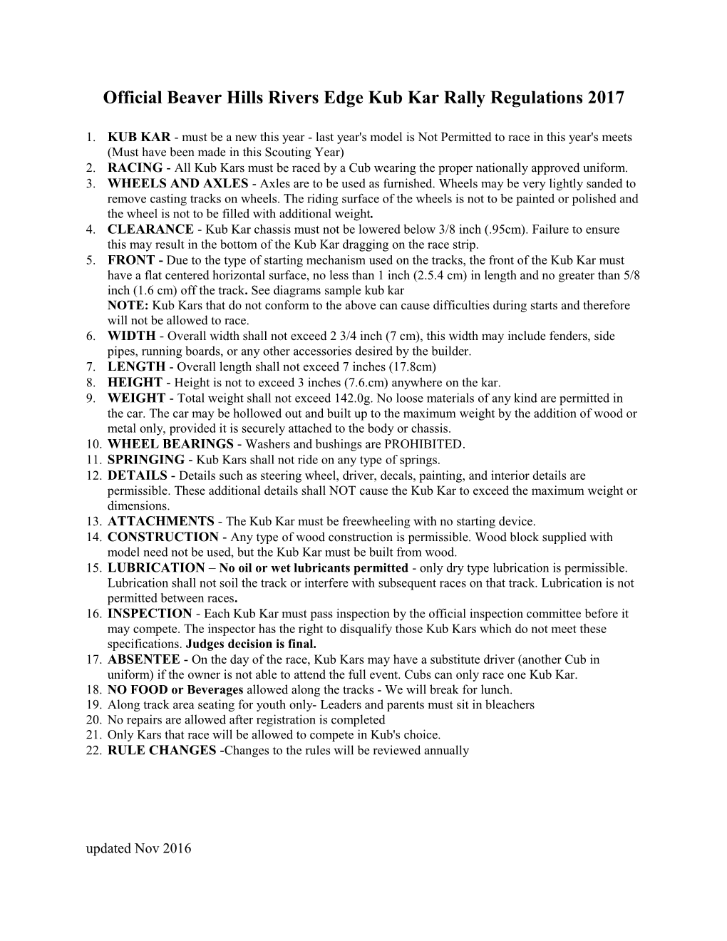 Official Beaver Hills Kub Kar Rally Regulations 2009