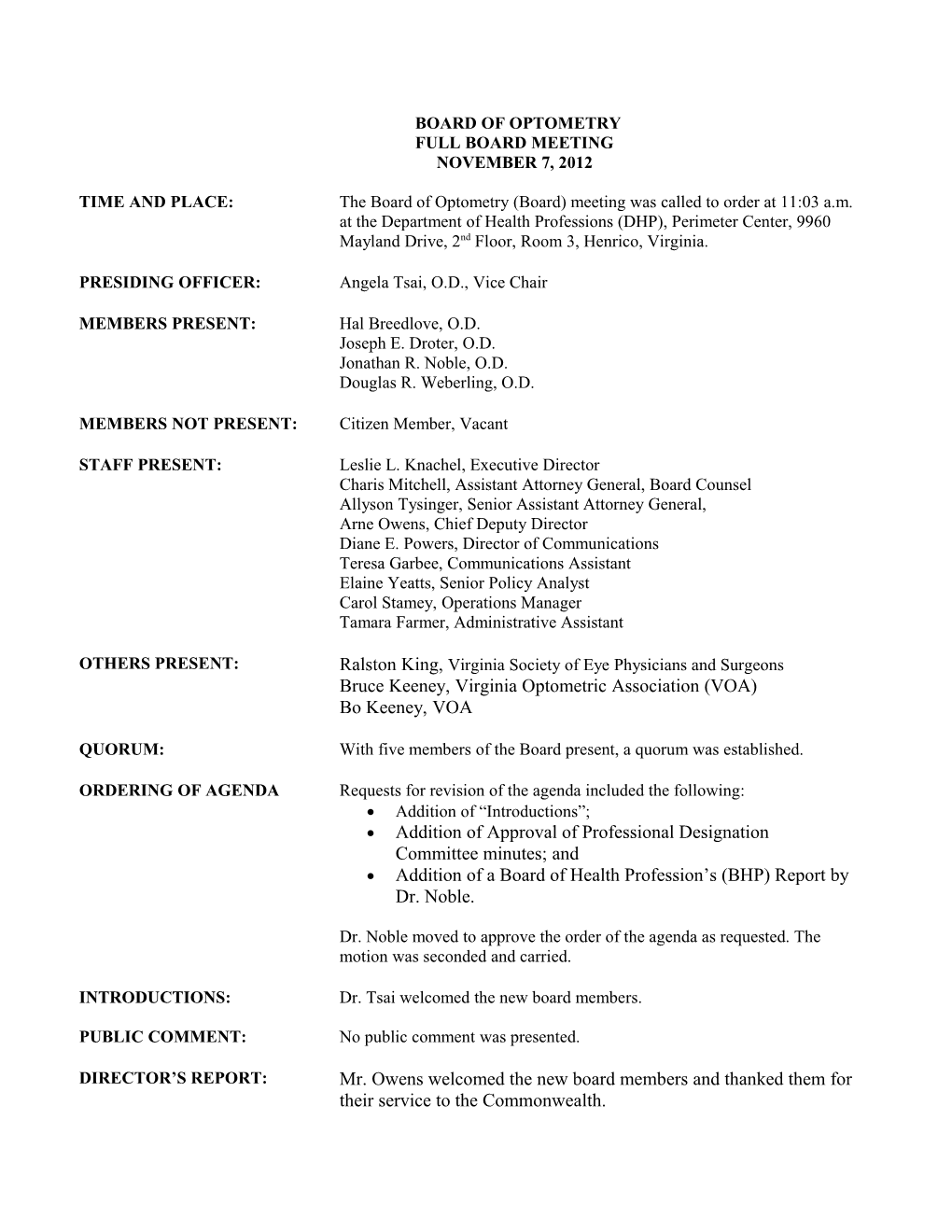 Board of Optometery Minutes Nov 2012