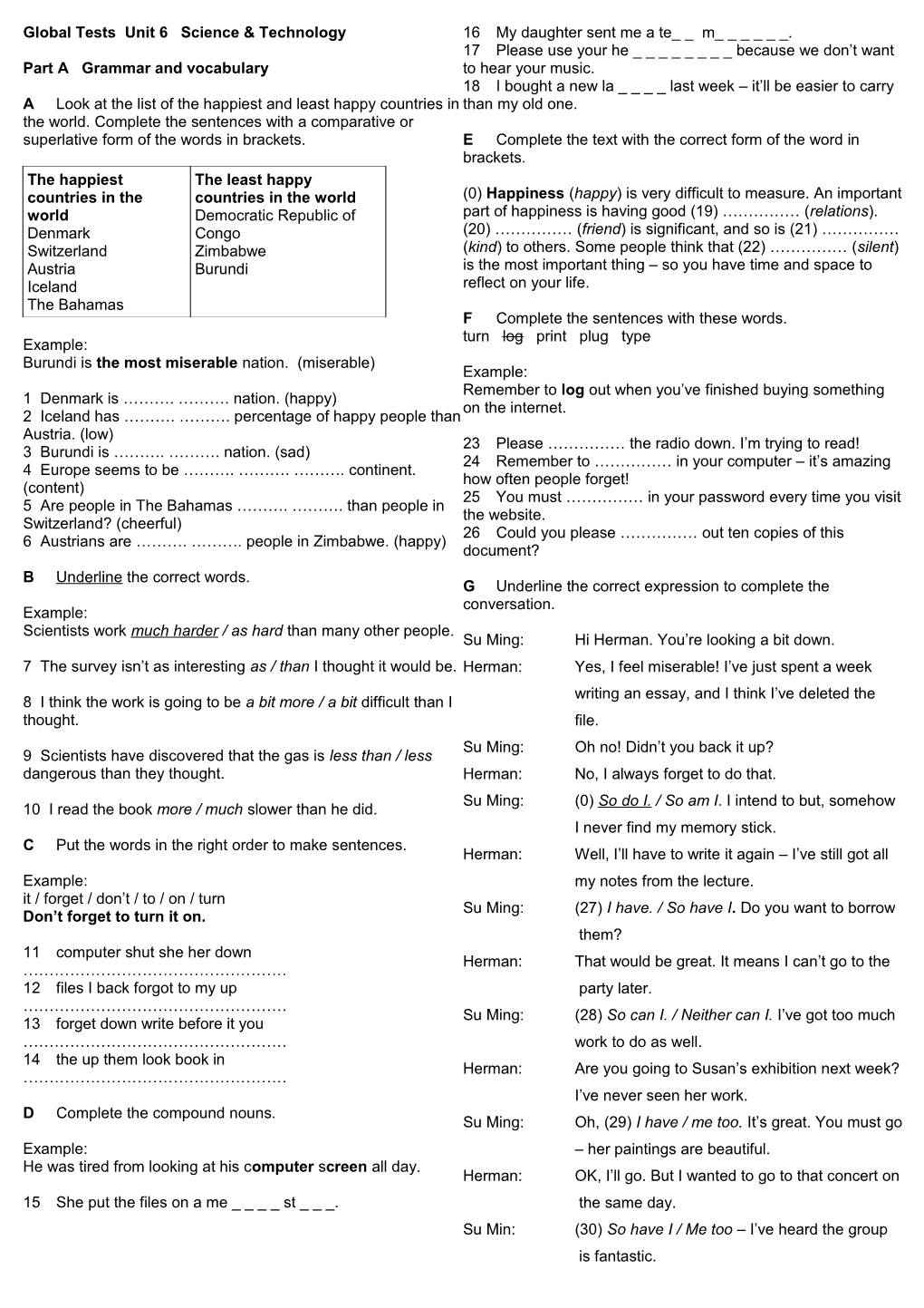 Global Tests Unit 6 Science & Technology