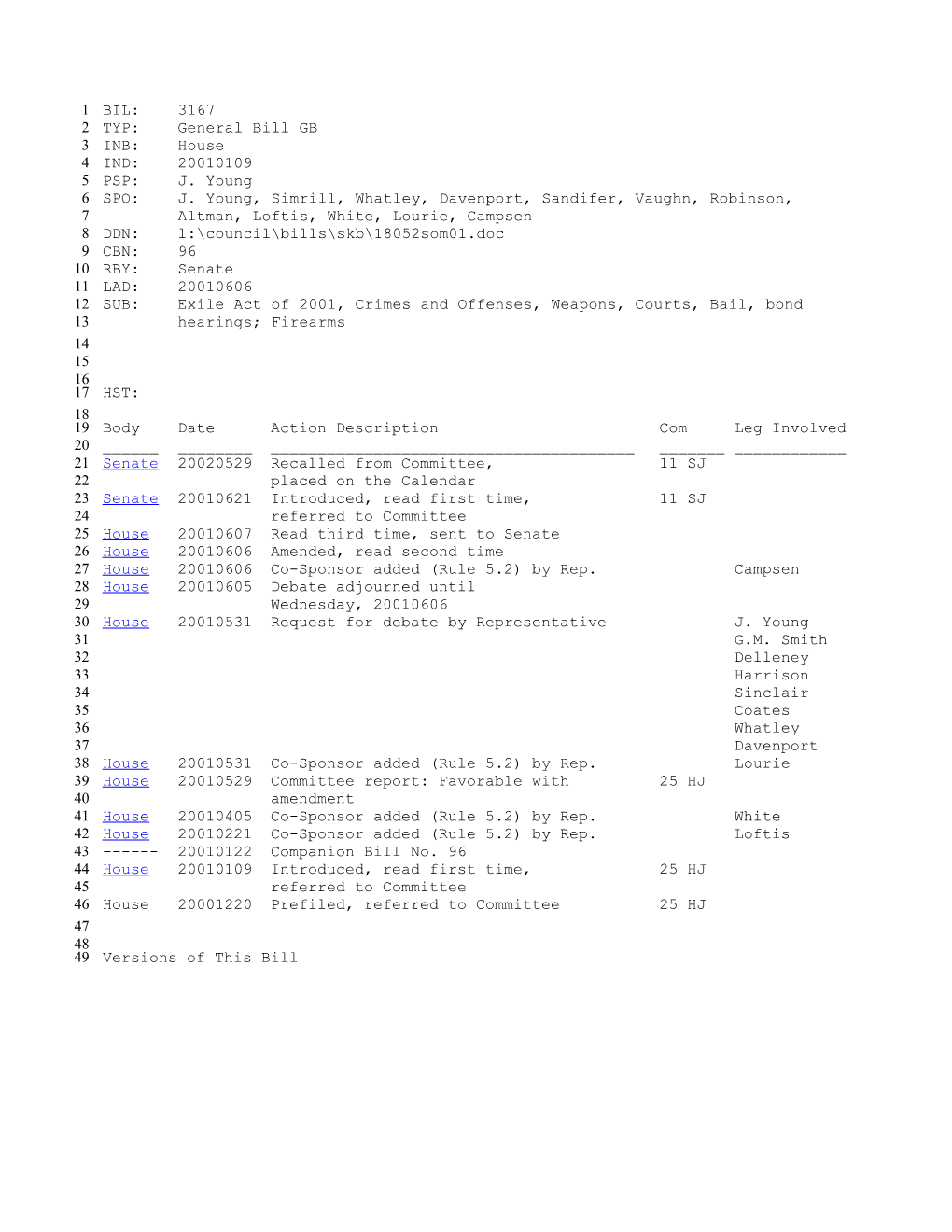 2001-2002 Bill 3167: Exile Act of 2001, Crimes and Offenses, Weapons, Courts, Bail, Bond