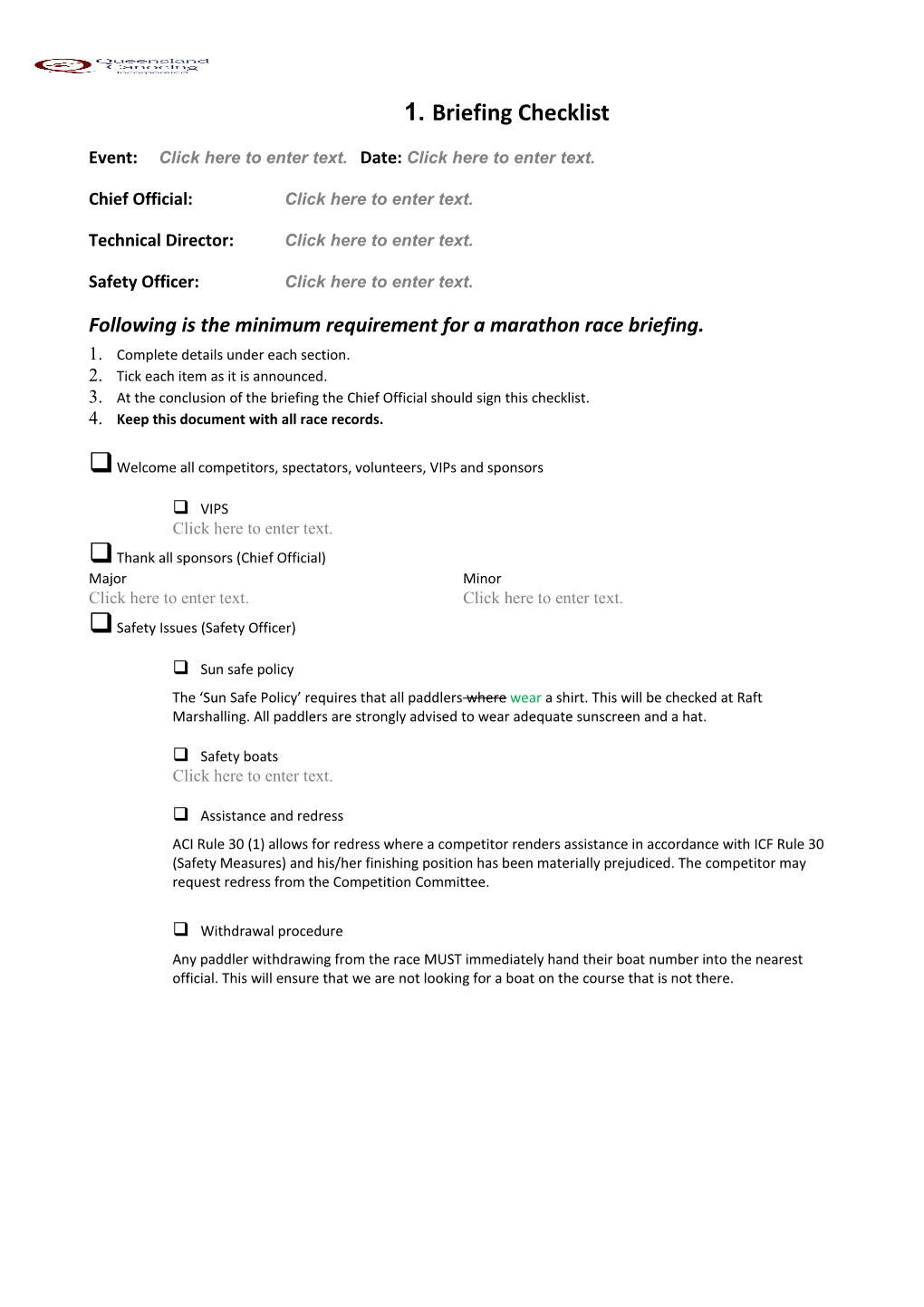 Standardised Forms for Canoe Marathon