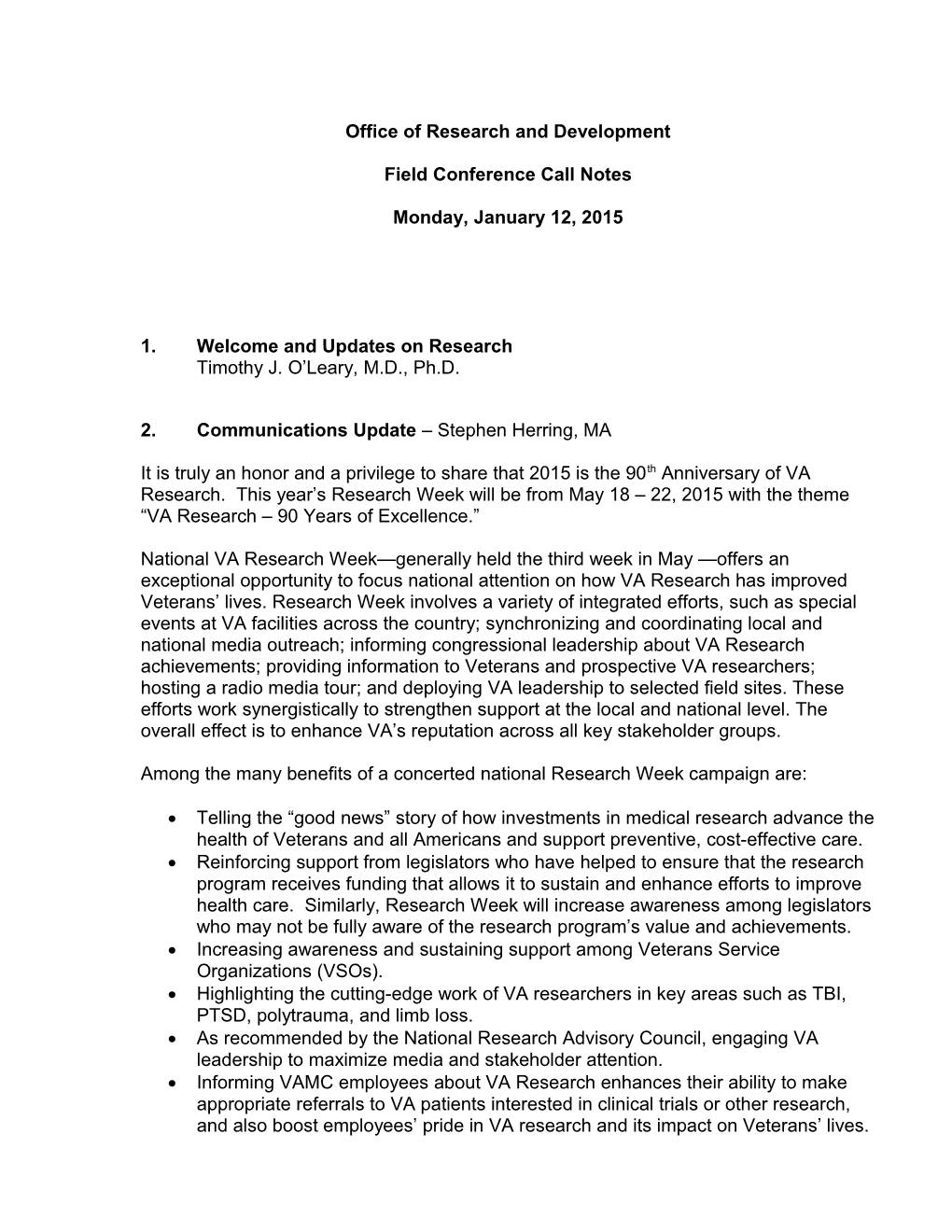 VA ORD Conference Call Notes: Jan. 12, 2015