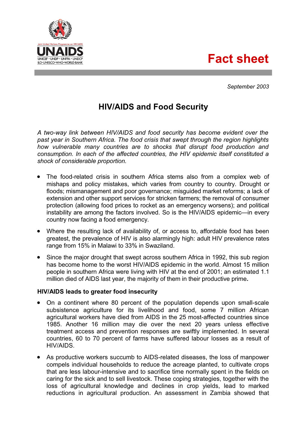UNAIDS Fact Sheet : HIV/AIDS and Food Security