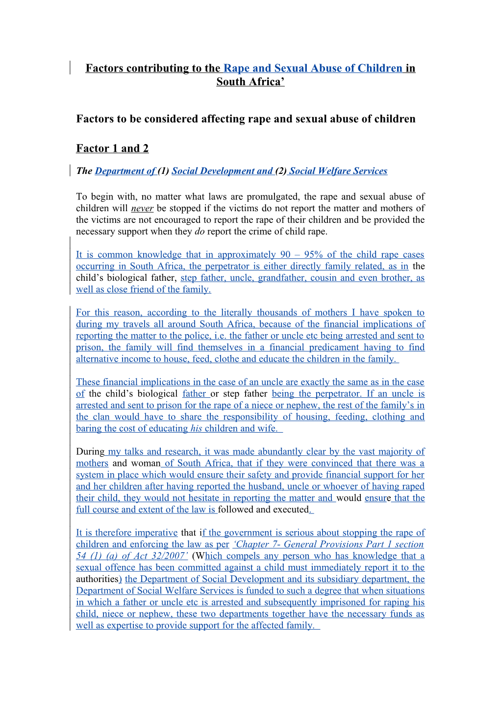 Factors Contributing to the Rape and Sexual Abuse of Children in South Africa