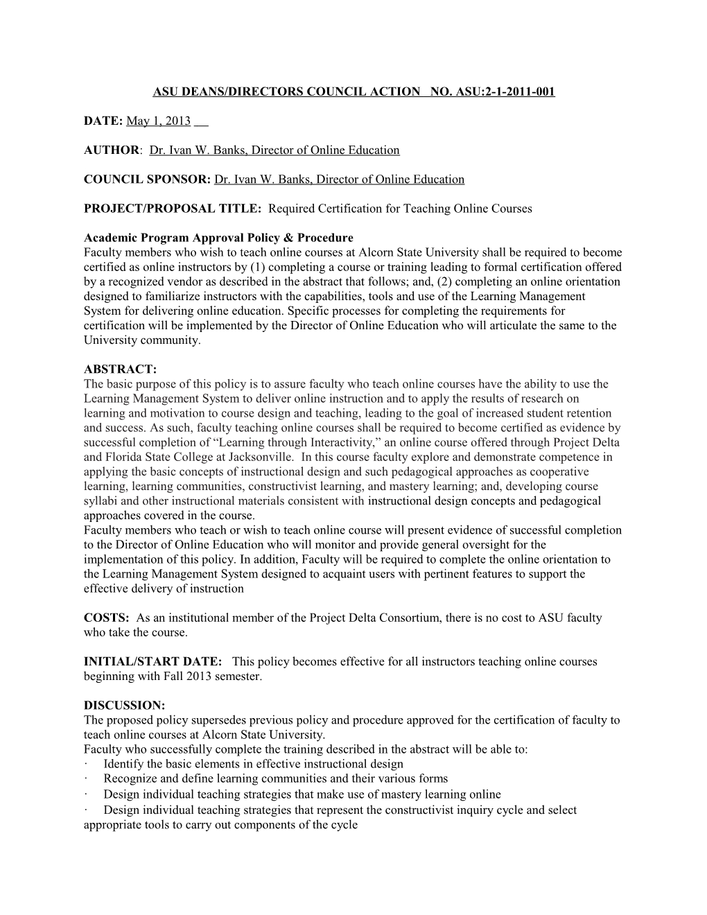 Asu Deans/Directors Council Action No. Asu:2-1-2011-001