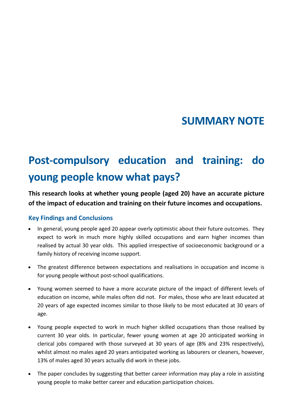 Post-Compulsory Education and Training: Do Young People Know What Pays?