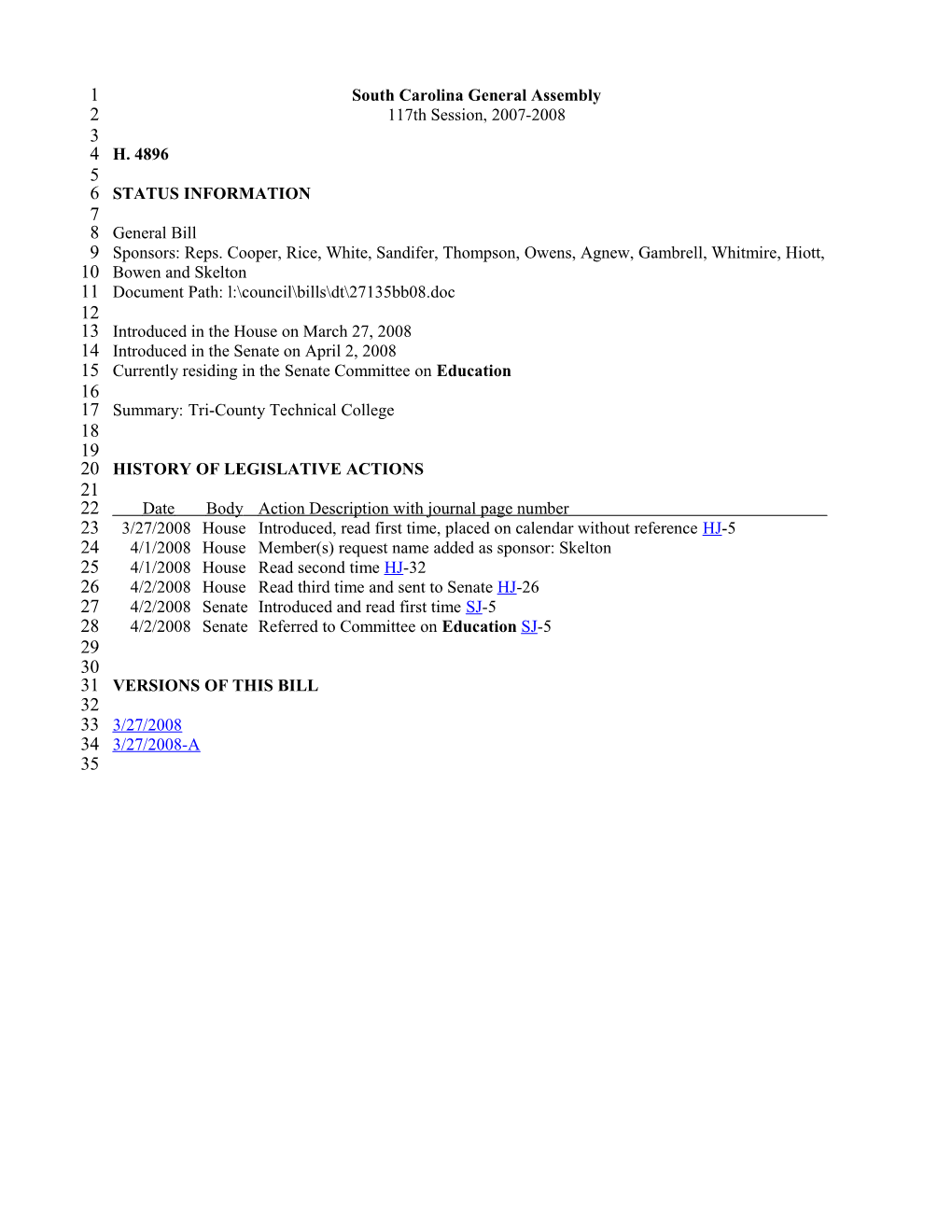 2007-2008 Bill 4896: Tri-County Technical College - South Carolina Legislature Online