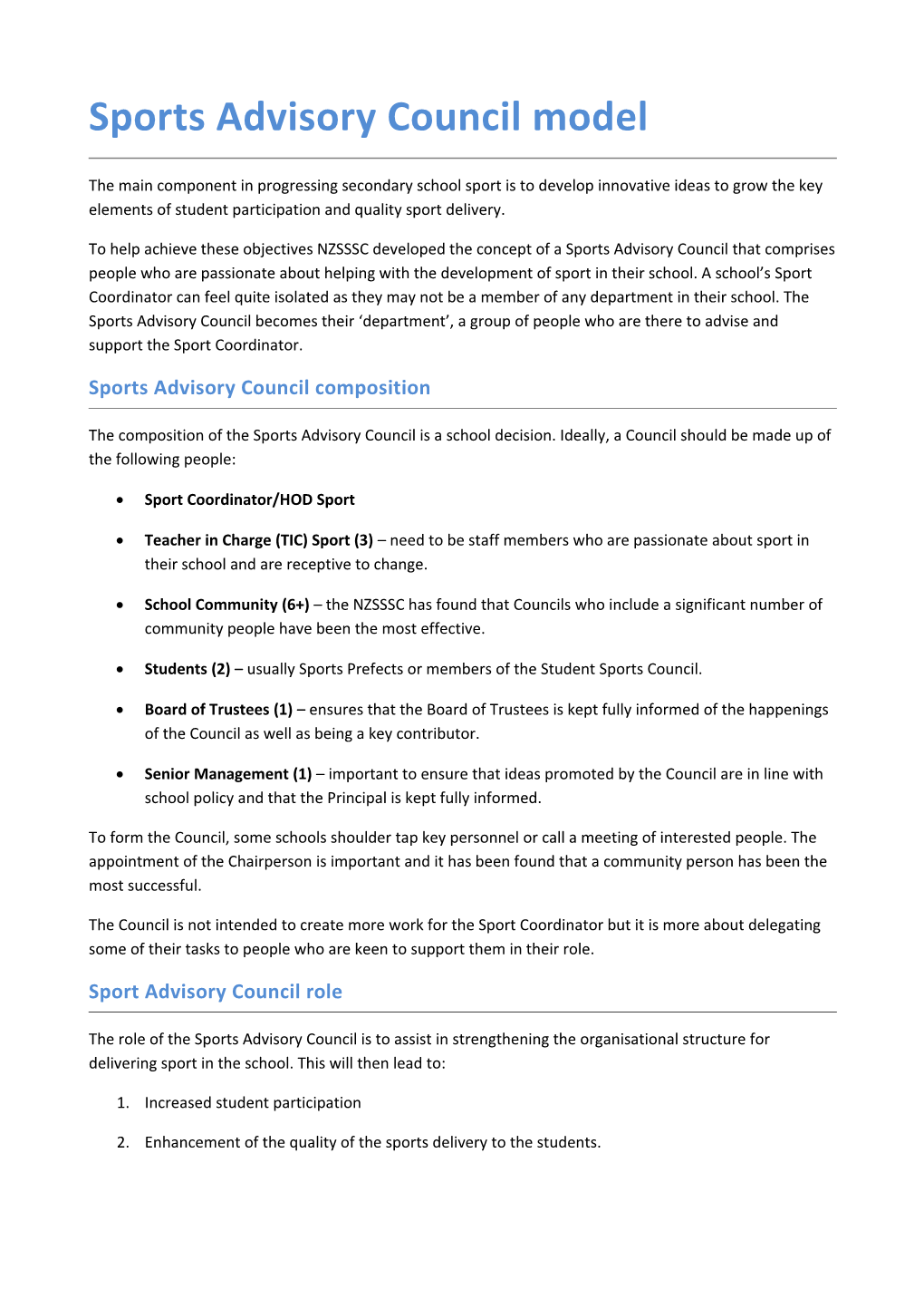 Sports Advisory Council Model