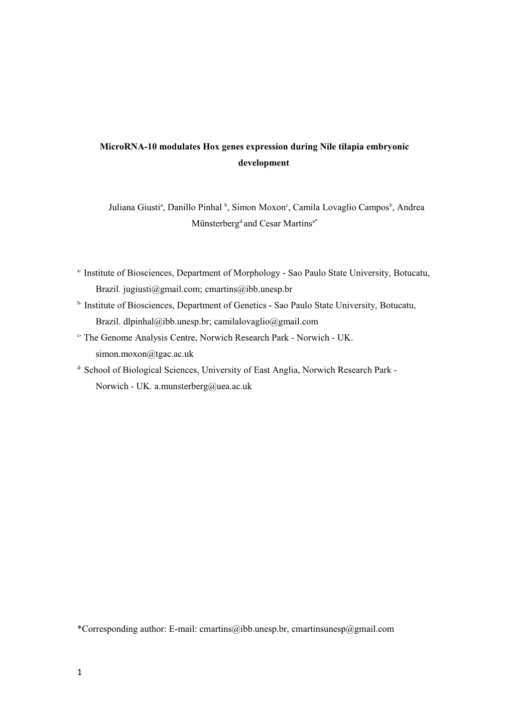 Microrna-10 Modulateshox Genes Expressionduringniletilapiaembryonicdevelopment