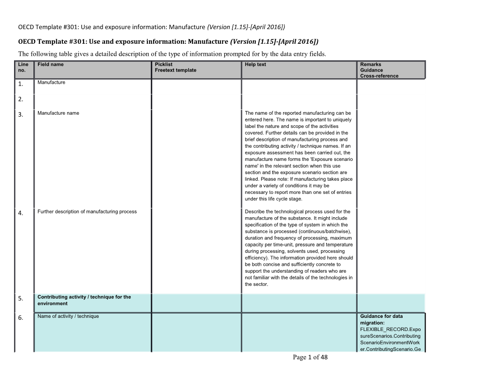 Oecdtemplate #301: Use and Exposure Information: Manufacture(Version 1.15 - April 2016 )