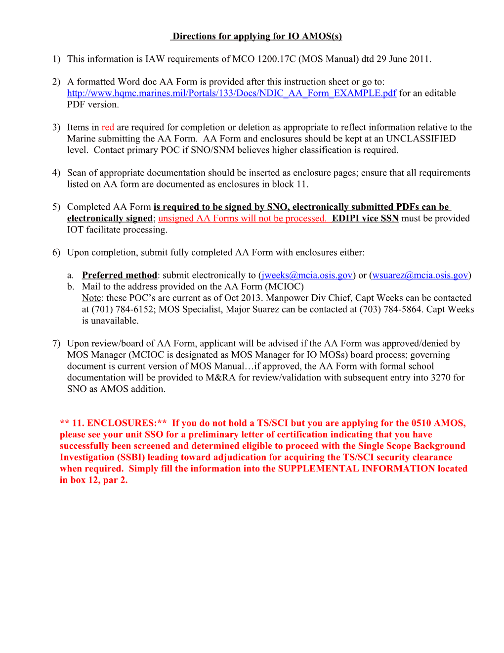 Directions for Applying for 0510 MOS (Basic Information Operations Staff Officer)