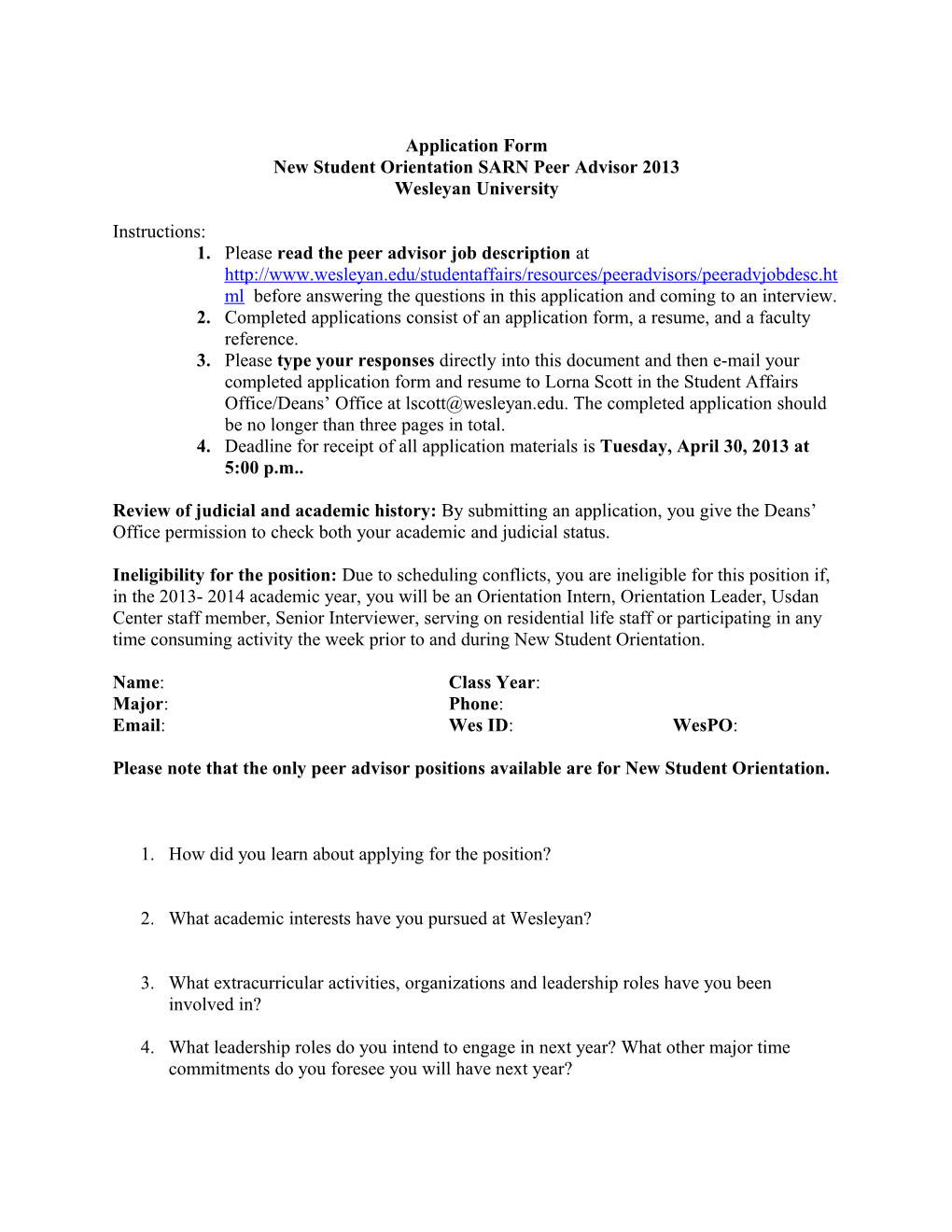 Application Form, NSO SARN Peer Advisor 2013