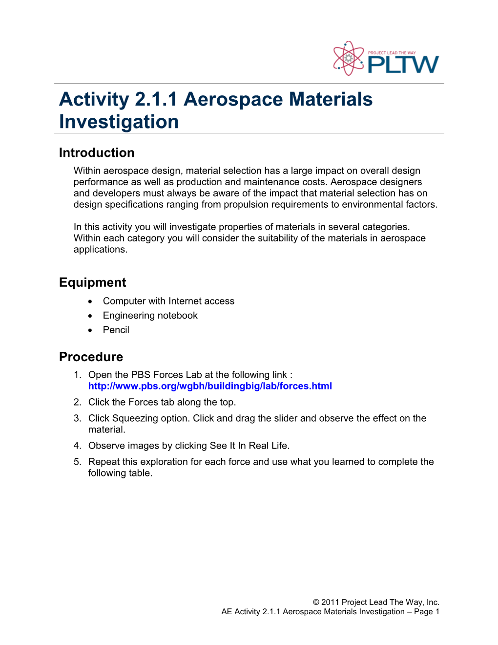 Activity 2.1.1 Aerospace Materials Investigation