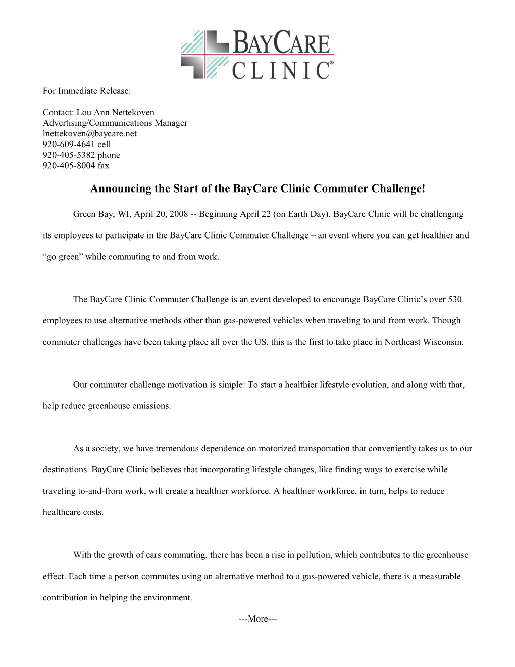 Announcing the Start of the Baycare Clinic Commuter Challenge!