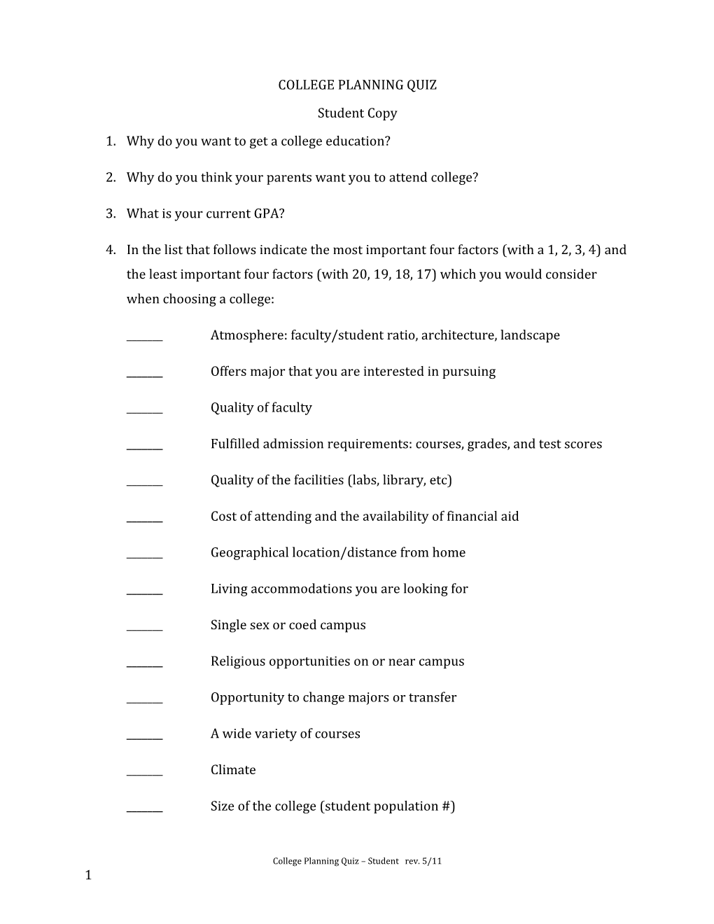 College Planning Quiz