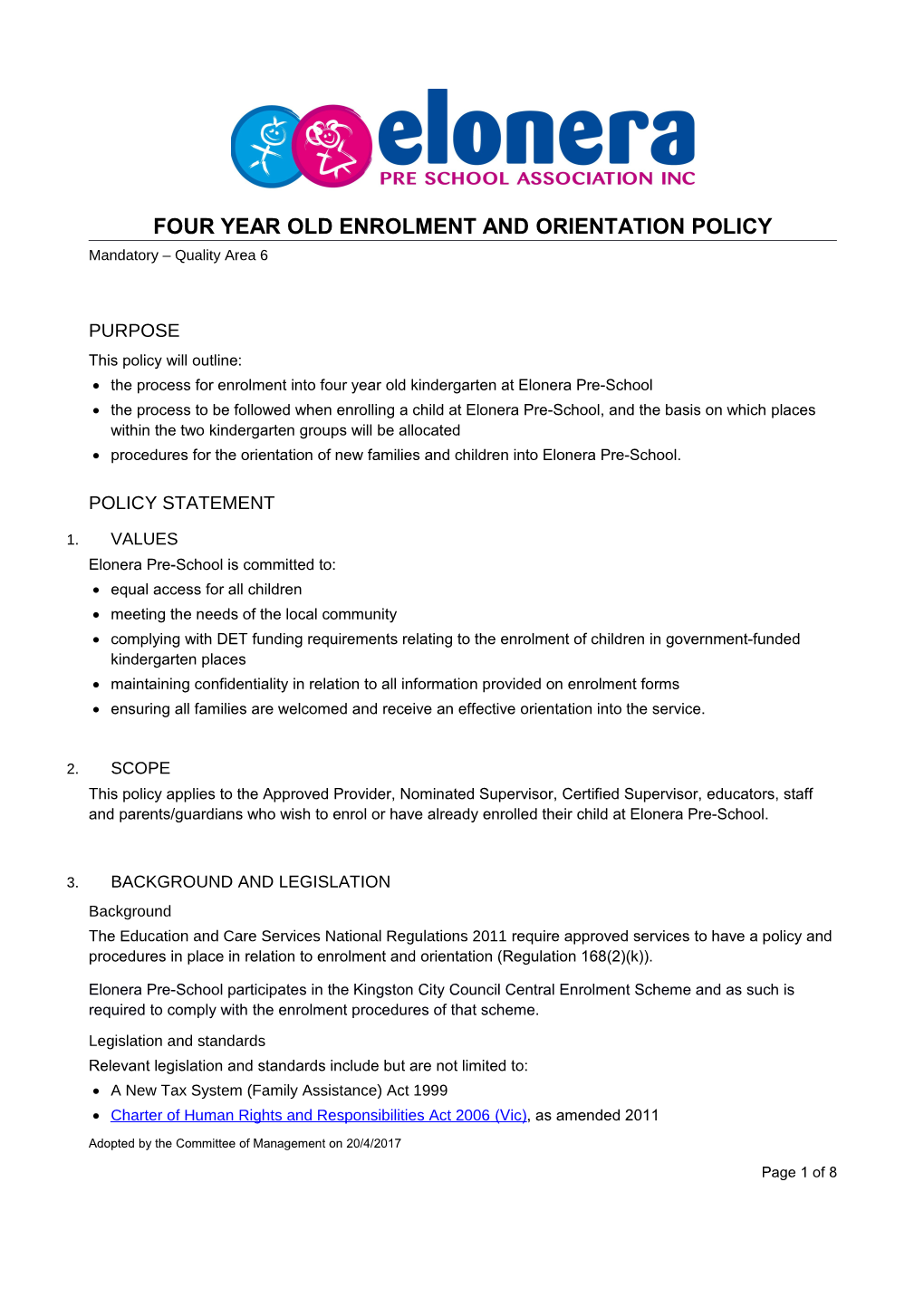 Four Year OLD Enrolment and Orientation Policy