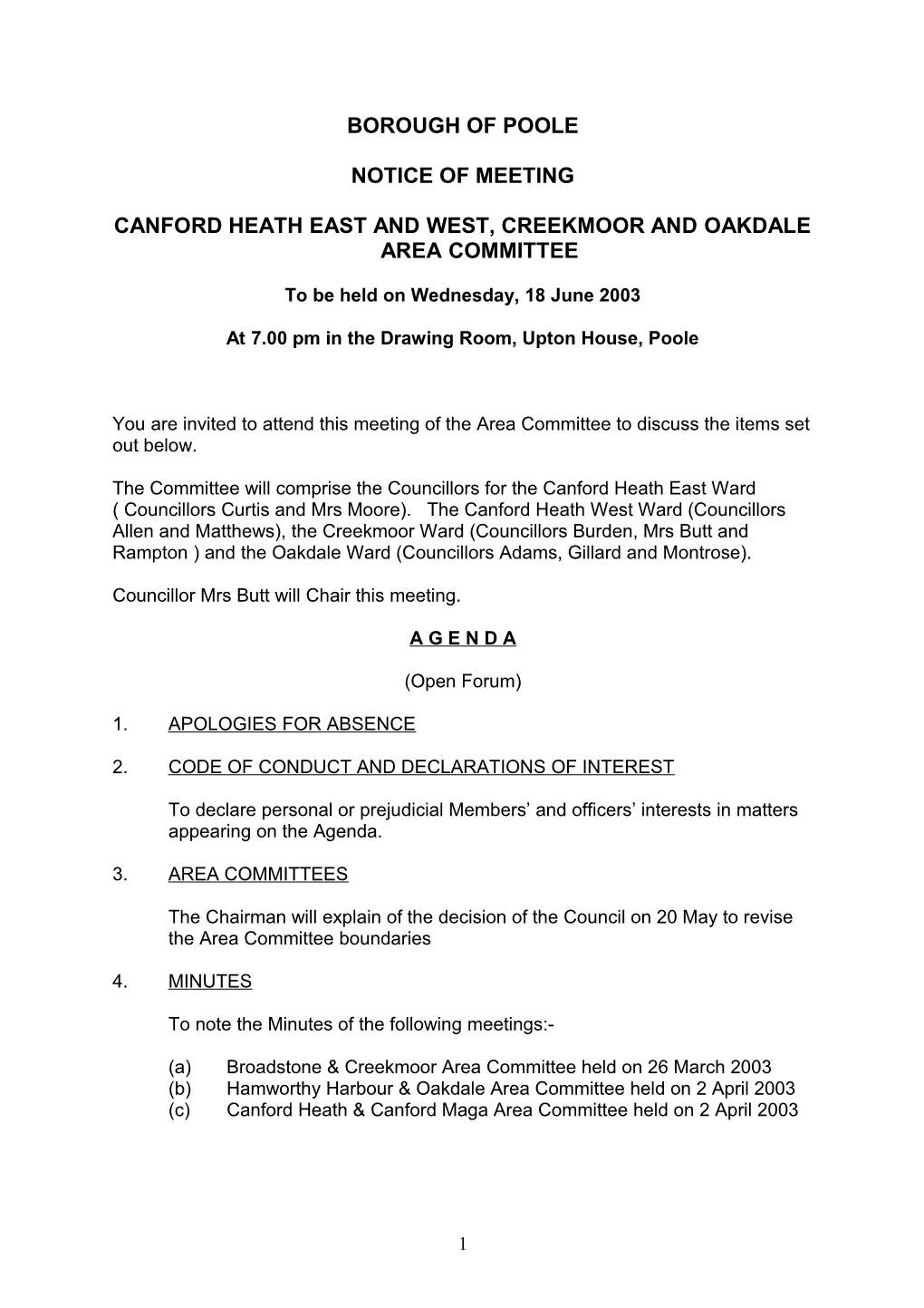 Agenda - Canford Heath East and West, Creekmoor and Oakdale Area Committee -18 June 2003