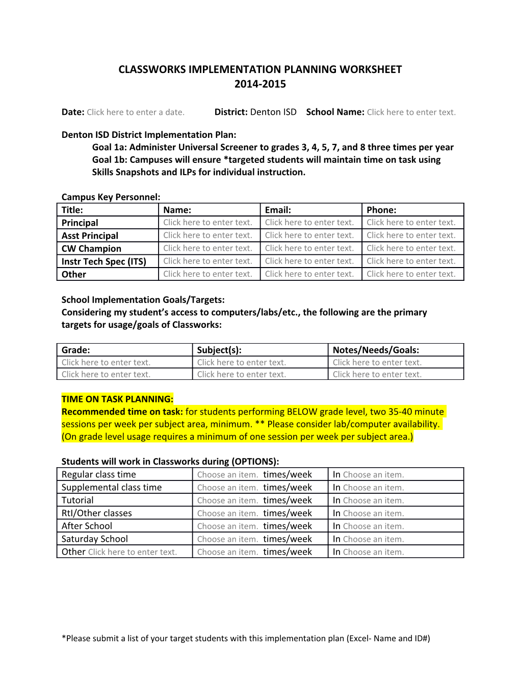 Classworks Implementation Planning Worksheet