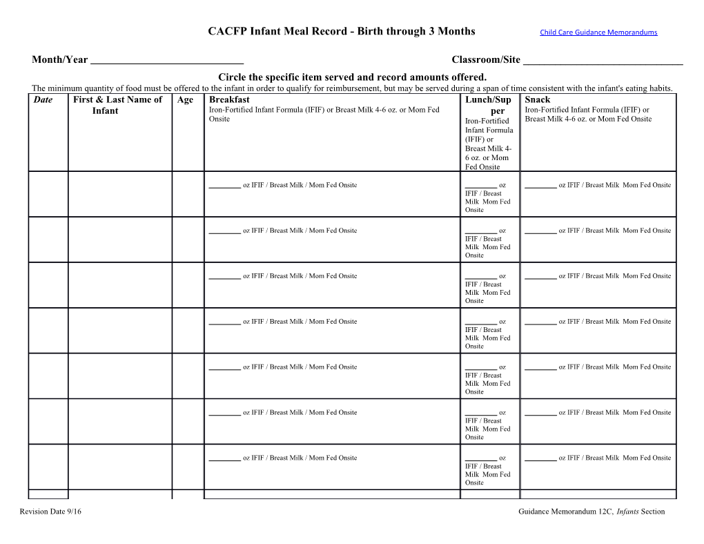 CACFP (Child Care Component) Daily Infant Meal Record-Birth Through 3 Months