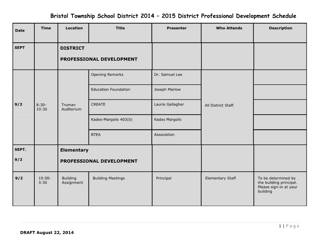 Bristol Township School District 2014 2015 District Professional Development Schedule