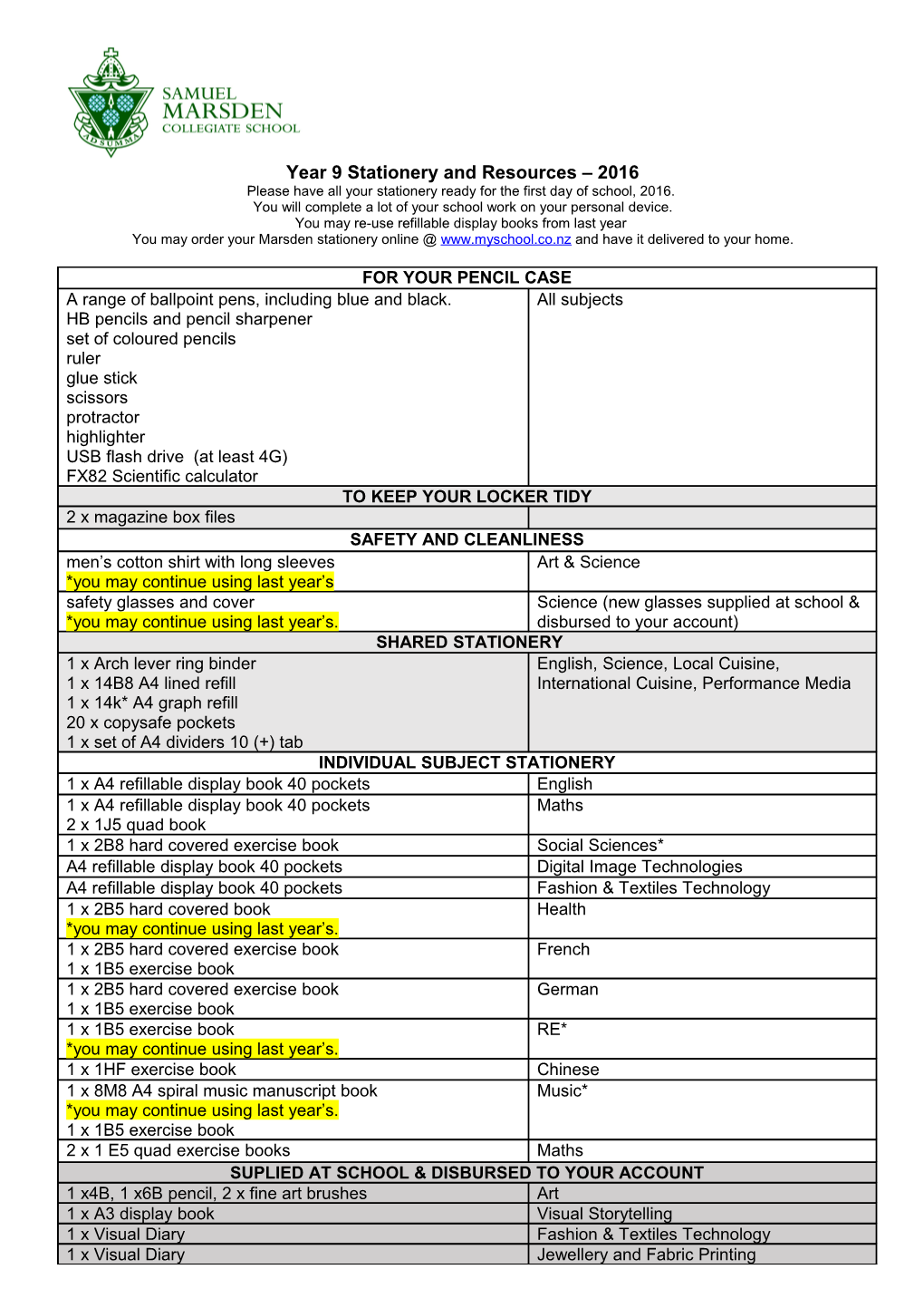 Year 9 Stationery and Resources 2016