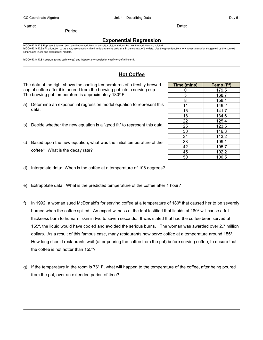 CC Coordinate Algebra Unit 4 Describing Dataday 51