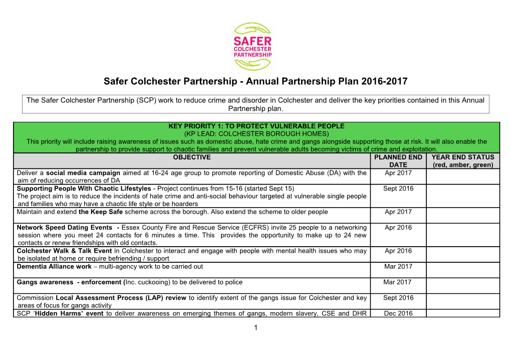 Safer Colchester Partnership- Annual Partnership Plan 2016-2017