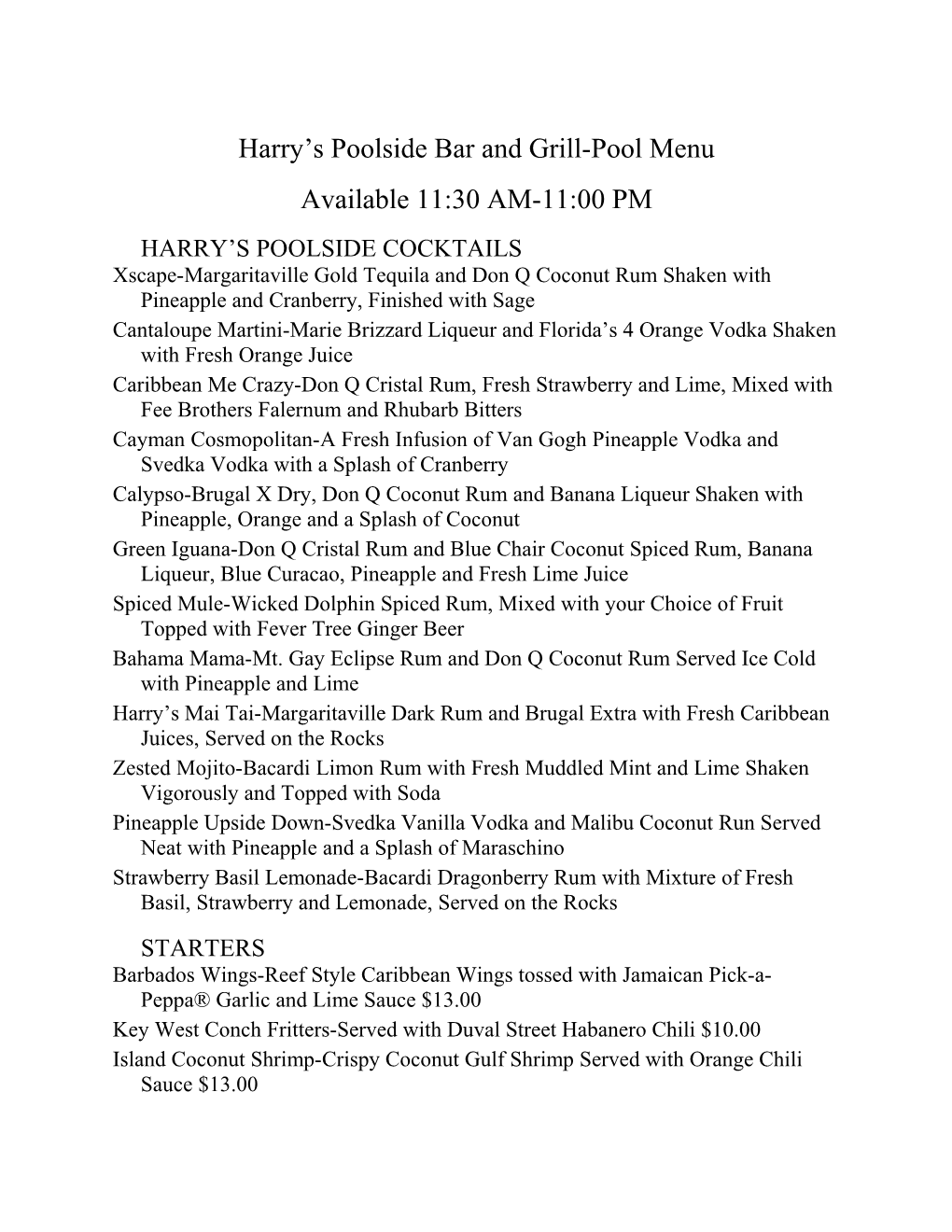 Harry S Poolside Bar and Grill-Pool Menu