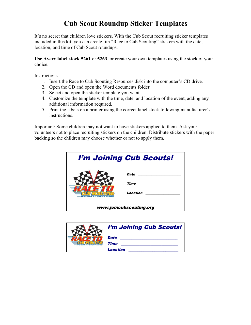 Cub Scout Round-Up Stickers