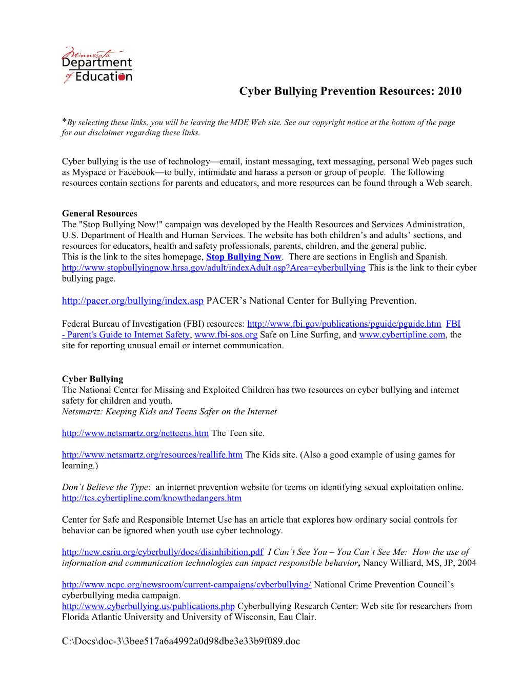 Cyberbullying Prevention Resources: 2006
