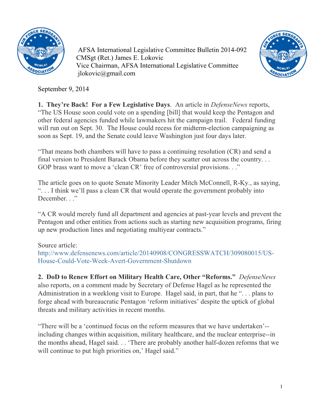 AFSA International Legislative Committee Bulletin 2014-092