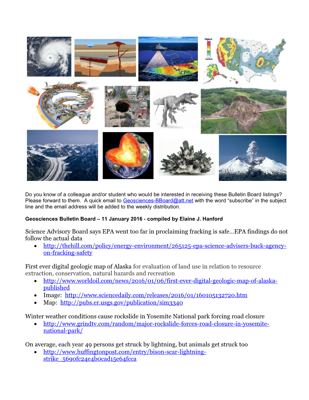 Geosciences Bulletin Board 11 January 2016- Compiled by Elaine J. Hanford