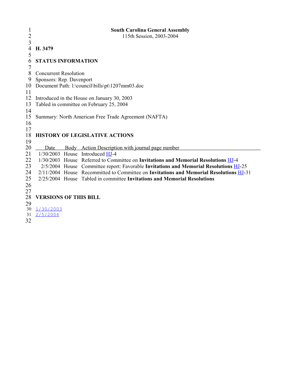 2003-2004 Bill 3479: North American Free Trade Agreement (NAFTA) - South Carolina Legislature