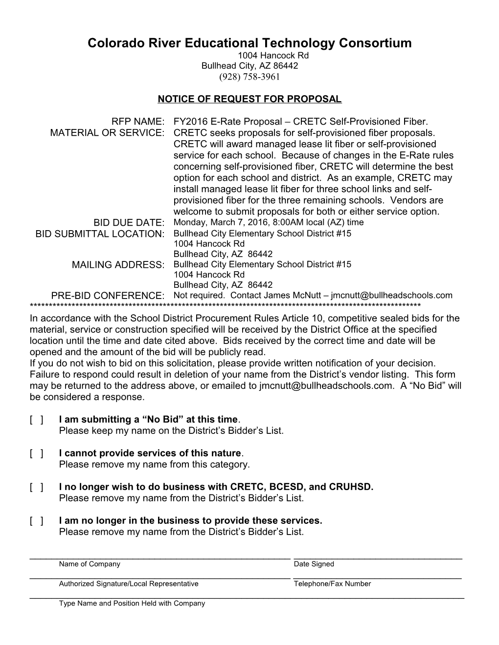 RFP - FY2016 E-Rate Proposal CRETC Self-Provisioned Fiber