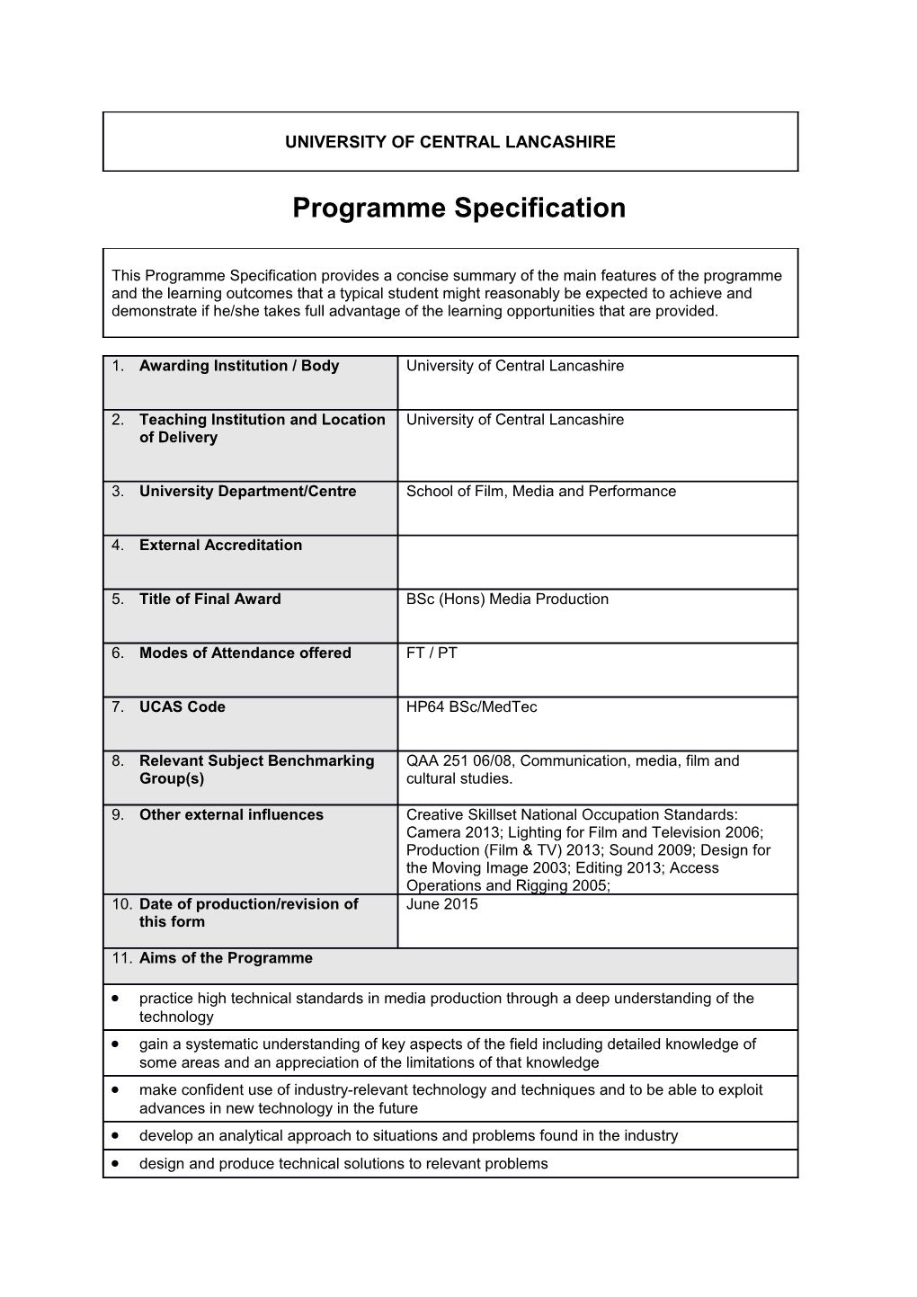 Bsc (Hons) Media Production (Sept 2015)