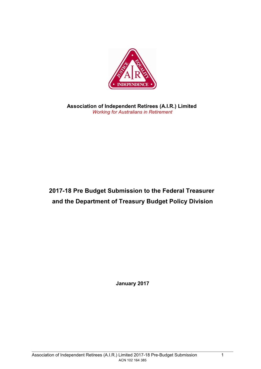 Association of Independent Retirees - 2017-18 Pre-Budget Submission