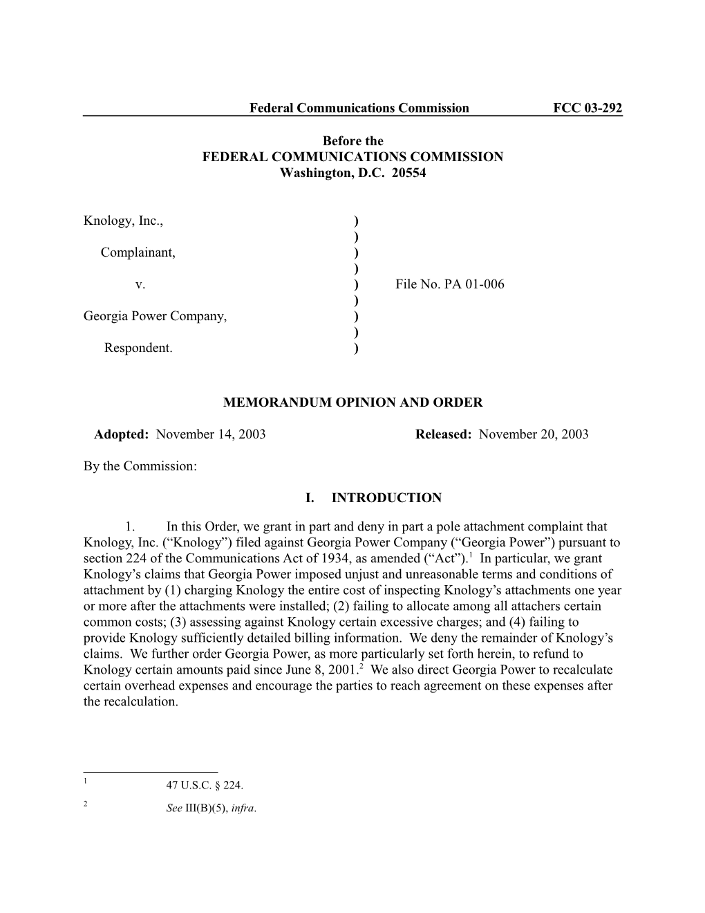 Federal Communications Commission FCC 03-292